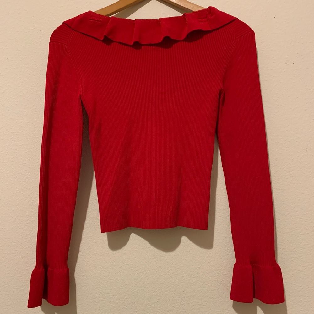 Red Long-Sleeve Ruffled Crop Top (Ribbed) - Picture 5 of 14